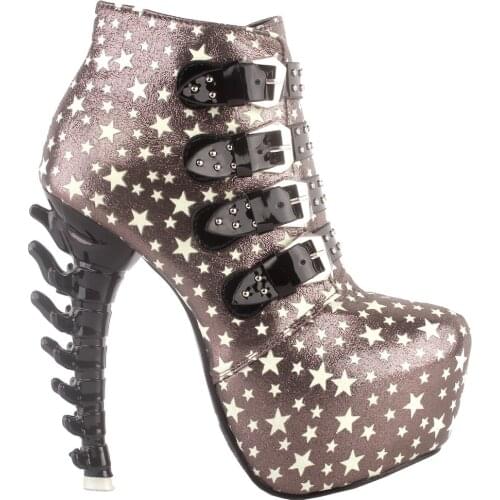 LF80659 SHOW STORY Punk Star Print Buckle Strappy Stud Bone Heels Hidden Platform Ankle Boots