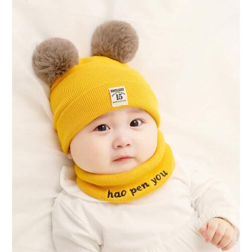 Soft Warm Baby Hats+Scarfs Set Cute Hairball Decor Knit Hat Scarf For 0-24 Months Infant Girls Boys Autumn Winter Outdoor Needs