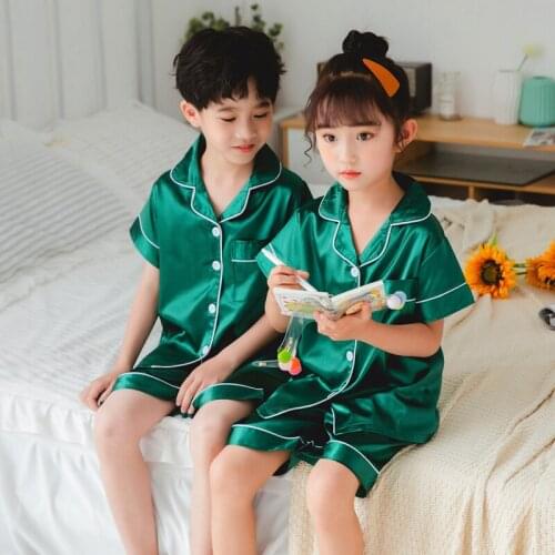 2021 New Children Pajamas Set Silk Satin Homewear for Kids Casual Printed Girls Sleepwear Spring Summer Boys Tracksuit Nightwear