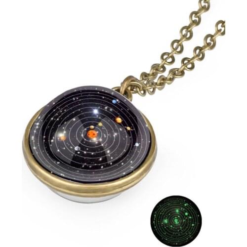 Charming Unisex Luminous Universe Galaxy Solar System Planet Two Sides Glass Ball Necklace Pendant Antique Gold Chain Necklace