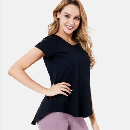 Sexy back quick dry yoga wear womens exercise fitness wear five trim hem loose hollowed-out T-shirt