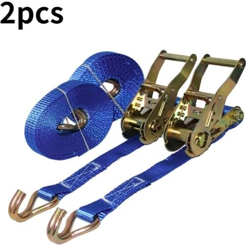 2pcs Car Motorcycle Lorry Lashing Cargo Strap Ratchet Belt Weaving 5M Wear Resistant With Metal Buckle Tie Down Polyester Blu