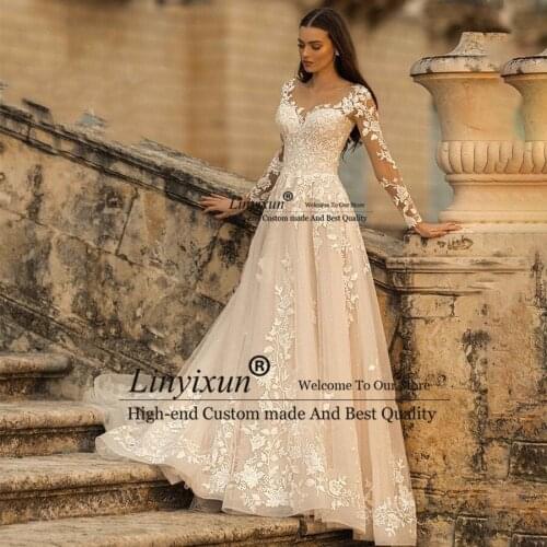 Vintage Long Sleeve Wedding Dresses Appliqued A-Line Bridal Gown 2021 Lace Up Princess Plus Size Vestido De Novia Custom Made