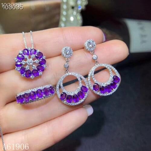 KJJEAXCMY Fine Jewelry 925 sterling silver inlaid natural amethyst gemstone female pendant necklace earrings set support detect