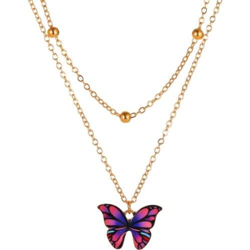 Fashion Yellow Pink Purple Butterfly Beads Golden Light Chain Choker Alloy Necklace For Women Simple Chain On Neck