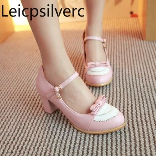Pumps Spring and autumn new style Butterfly-knot Round head Buckle Thick heel mid heel Womens single shoe plus size 32-45