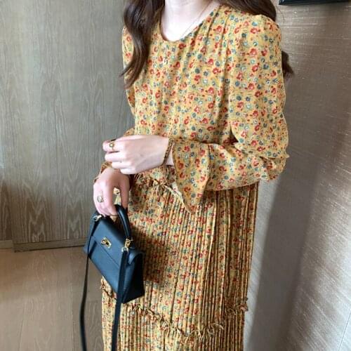Women Summer Elegant Ruffle Floral Long Pleated Dress Round Collar Long Sleeve Loose Straight Sundress