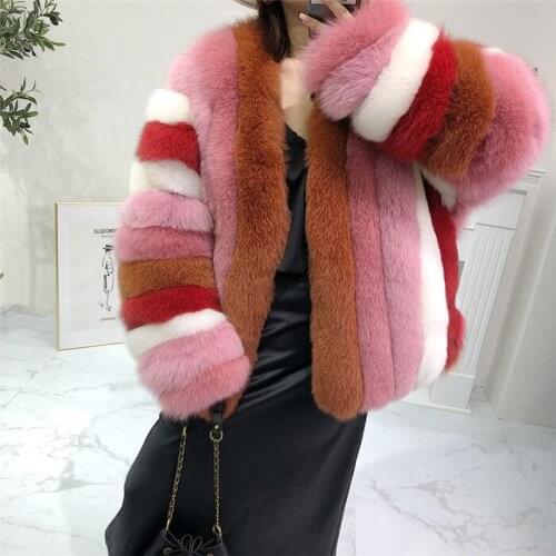 Winter Real Fox Fur Women Coats Fashion Striped Natural Genuine Female Fox Fur Jacket