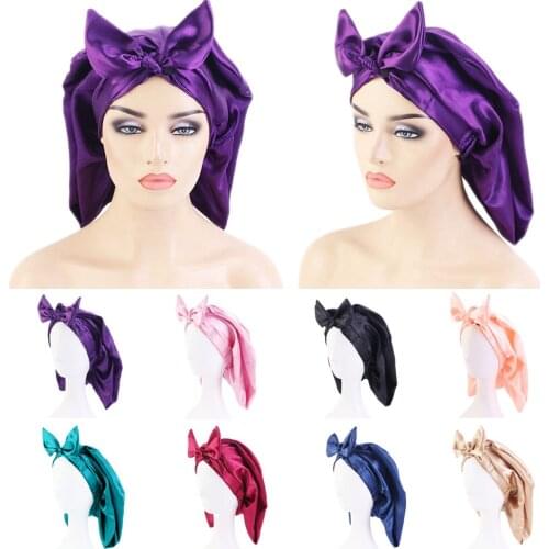 1pc Soft Women Night Sleep Shower Cap Adjustable Ladies Long Hair Care Bonnet Headwrap Hat Bowknot Satin Hat Accessories 68cm
