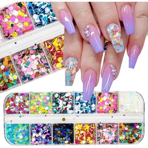 12 Grids Hollow Circle Round Glitter Flakes Holographic Nail Sequins Laser Mixed Color Paillette Spangle Nail Art Decorations