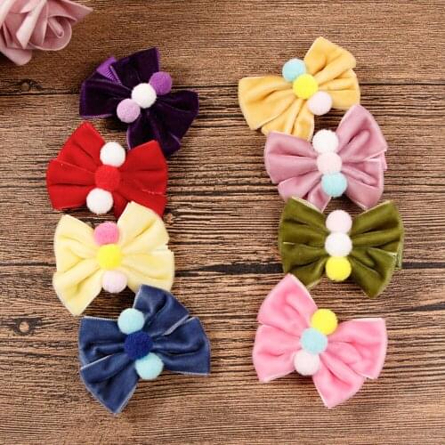 20 PCS/lot, Mini Velvet Bow Hair clips with Small pompoms, Baby Girls Hair Accessories Christmas gift