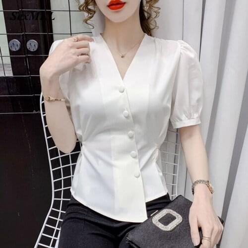 2021 Fashion V Neck Summer White Blouses Women Elegant Sexy Office Chiffon Shirts Korean Slim Y2k Black Tops Blusas Femininas XL