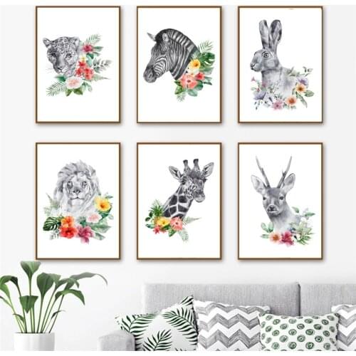 Watercolor Animals Art Wild Beast In Flower Canvas Posters Lion Leopard Rabbit Tiger Monochrome Prints Modern Wall Artwork