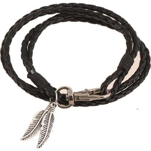 Fashion Black Leather Feather Cuff Bracelet Casual Simple Colorful Braided Charm Multi-layer Wrap Bangle Wristbands Punk Jewelry