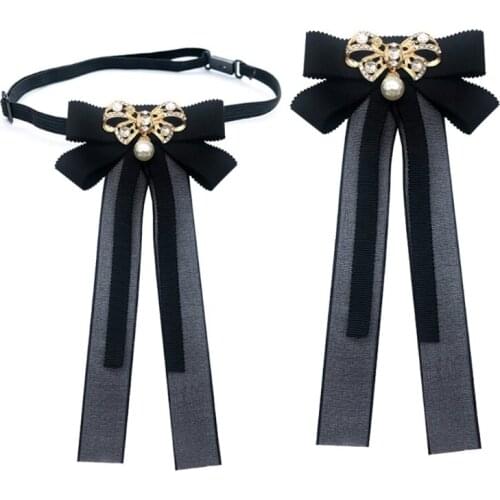 D0LF Student Pre Bow Tie Brooch with Pearl Rhinestone Ribbon Bowknot Shirt Collar Pin