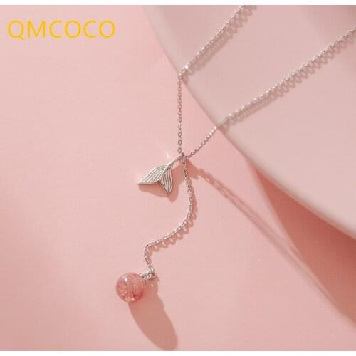 QMCOCO 925 Silver Mermaid Tail Necklace With Chain Strawberry Crystal Bead Pendant Trendy Jewelry For Women Gifts