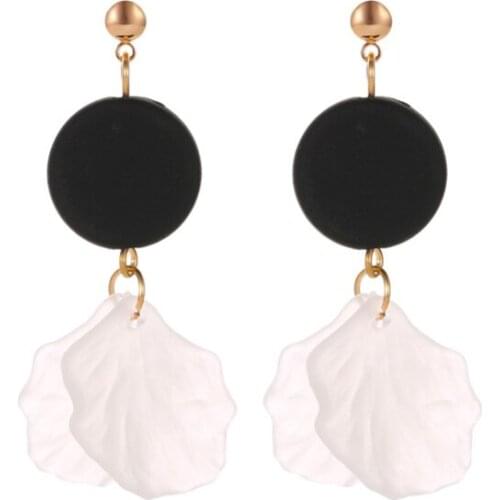 Elegant Black Circle White Shell Petal Acrylic Wooden Alloy Drop Earrings Dangle Earrings Clip Earrings For Women