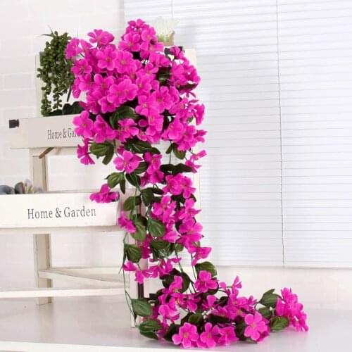Violet Artificial Orchid Flowers Ivy Leaf Garland Vine Wall Hanging Basket Flower Rattan Wedding Home Balcony Decoration