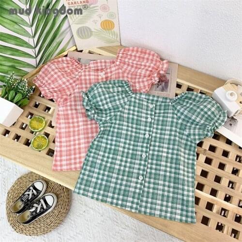 Mudkingdom Girls Plaid Shirts Puff Sleeve Slash Neck Button Cardigan Casual Tops for Toddler Drop Shoulder Summer Kids Clothes