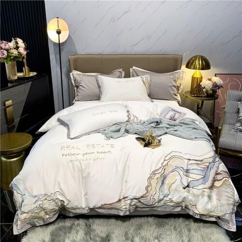 White Art Abstract Marble Embroidery 1000TC Egyptian Cotton Bedding Set Soft Silky Duvet Cover Bed Linen Fitted Sheet Pillowcase
