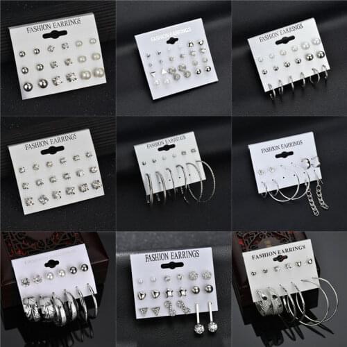 LETAPI 39 Style Heart Flowers Infinite Symbol Stud Earrings Set 2018 New Rhinestone imitation Pearl Earrings for Women Gift