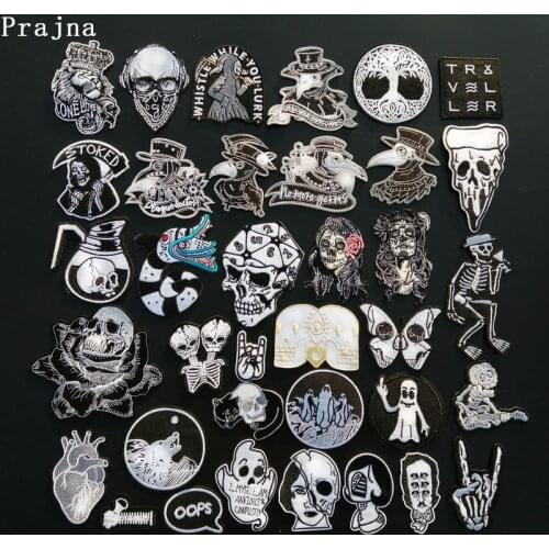 Prajna Punk Skull Badge Iron On Patches For Clothing Doctor Beak Face Patch Black And White Embroidered Patches On Jacket DIY