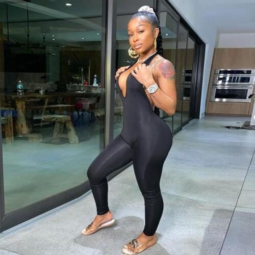 Adogirl 2021 New Women Sexy Jumpsuit Solid Deep V Neck Sleeveless Halter Backless Skinny Romper Fitness Sporty Overalls Jumper