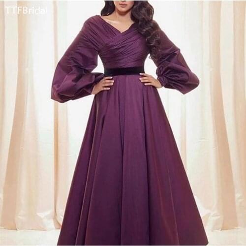 New Arrival V Neck Puffy Sleeve Evening Dress Women Party Gowns Purple Satin Evening Gown Abiye Elbise Dubai Vestidos de Fiesta