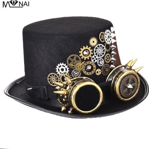 Drop Shipping Vintage Punk Black Fedora Gothic Gears Studs Leather Top Hat With Googles Steampunk Party Festival Hats Cosplay