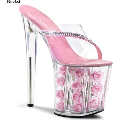 Rncksi New Girls Flowers 20cm High Heel Sexy Women Slippers Peep Toe Dance Clubbing Pole Dance Party Shoes Slippers