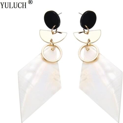 YULUCH Natural Shell Earrings Geometric Hollow Alloy Earrings Rhombus Round Shell Earrings For Women & Girl Simple Style Jewelry