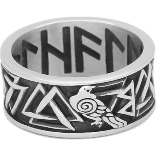Nordic Viking odin raven Huginn and Muninn valknut rune Amulet Ring Stainless Stee with Valknut Rune Gift Bag