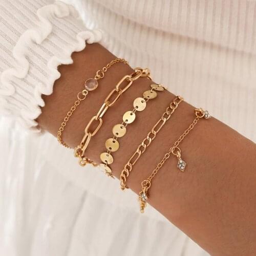 Stillgirl 5Pcs Kpop Gold Chain Crystal Bracelet for Women Charms Boho Geometric Female Fashion Wrist Jewelry Cool Gift Pulseras