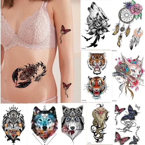 Body Transfer Tattoo Temporary Tattoos Aesthetic Men Flash Fake Tattoo Sticker Waterproof Tatoo Color Arm Wolf Snake Dragon Tige