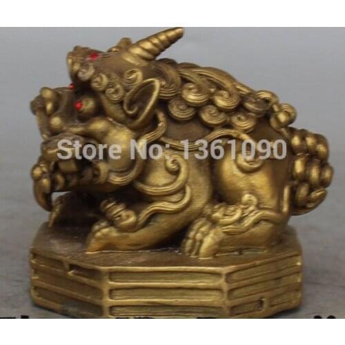 Xd 00501 4" Bronze Brass Foo Fu Dog Guardion Lion Unicorn Ruyi Statue