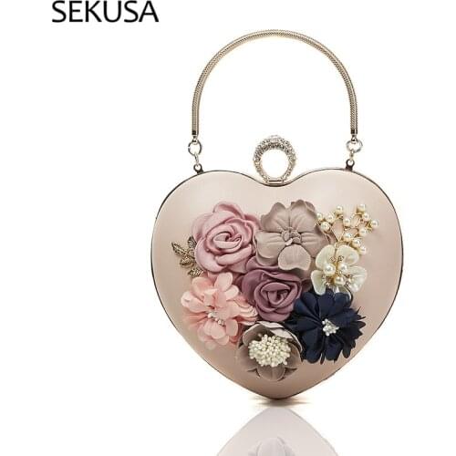 Heart Design Women Evening Bags Pink Color Flower Pearl Day Clutch With Handle Small Handbags Holder