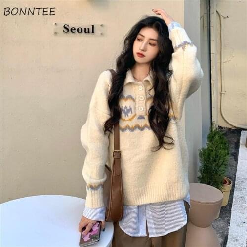 Sweaters Women Jacquard Weave Knitted Pullovers Long Sleeve Preppy Style Loose Popular Winter Warm Fashion Apricot Lovely Daily