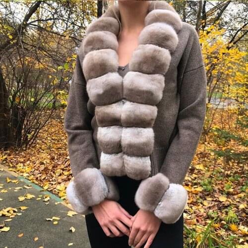 CNEGOVIK Women Sweater Fashion Rex Rabbit Fur Collar Cashmere Cardigan Poncho New Spring Coat