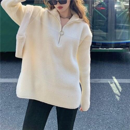 QingWen Autumn Winter Women Fashion Thick Turtleneck Zipper Pullover Harajuku Sweater Loose Knit Solid Knitting Jumpers Hoodie