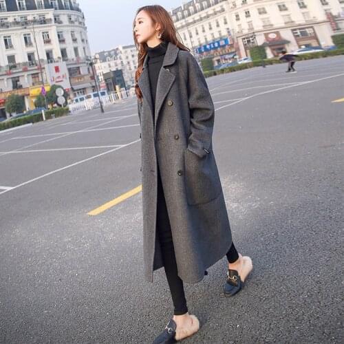 Double Breasted Long Wool Coat For Women Autumn Winter Ladies Long Sleeve Elegant Outerwear Overcoat Jacket Vintage Korea Style