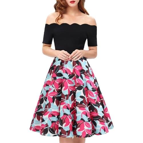 Women Patchwork Floral Print Vintage Dress Casual Slash Neck Off Shoulder Short Sleeve Club A Line Swing Short Dress Summer