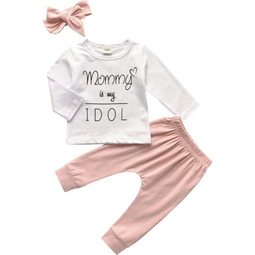 3PCS New Autumn Infant Baby Girls Clothes Set 100% Soft Cotton Baby Outfits With Headband Letter Long Baby Toddler Clothing