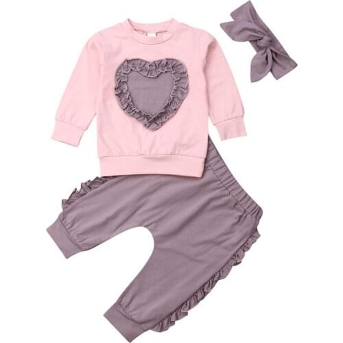 2019 Autumn Toddler Baby Girl Long Sleeve Love Heart Tops Sweatshirt + Long Pants Headband 3PCS Cotton Clothes Set 0-2Y