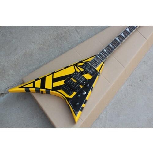 Custom 6 string guitar,irregular V shape yellow black stripe body,tremolo bridge, HH pickups,neck set in body