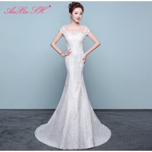 AnXin SH princess bride white lace mermaid wedding dress vintage o neck illusion turkey flower white trumpet wedding dress