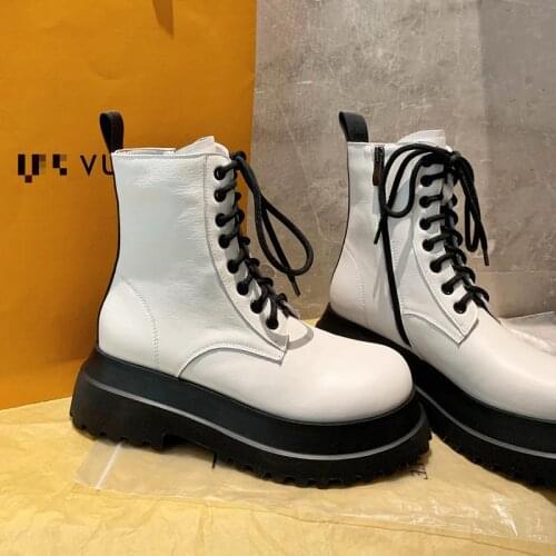 Flat Platform Boots Women Winter Cow Genuine Leather Martin Boots Lace-up Ankle Boots For Women Botas Mujer Increasing Shoes