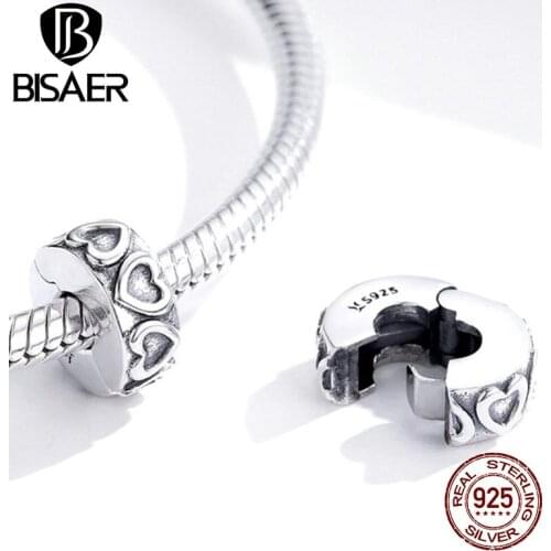 BISAER Vintage Heart Open Stooper Beads 925 Sterling Silver Spacer Charms Pendant Fit DIY Bracelet Bangle Jewelry Making ECC1557