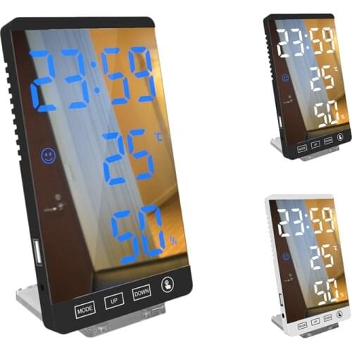 LED Digital Mirror Alarm Clock Press Button Clock LCD Temperature Humidity Display USB Output Port Table Clock