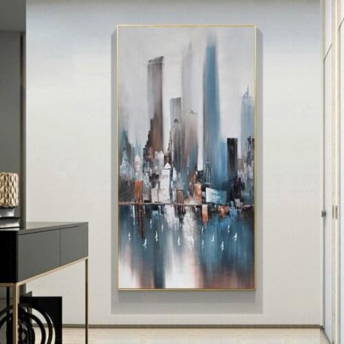 Contempary Blue Abstract City Building Oil Painting on Canvas Posters and Prints Scandinavian Wall Art Picture for Living Room
