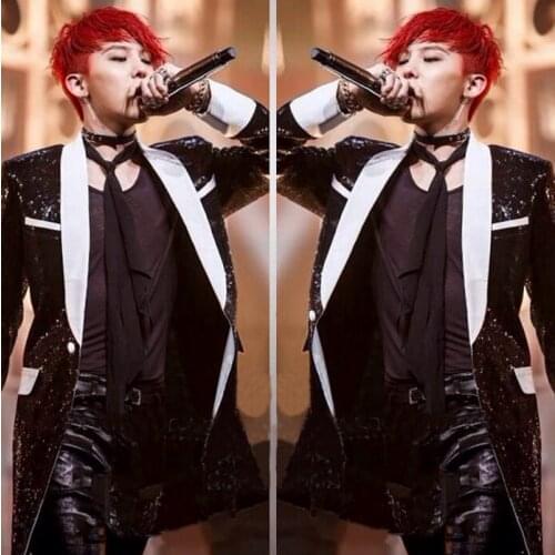 Personality mens red black white sequined long coat nightclub male DJ bar singer costume hairdresser magician balazer